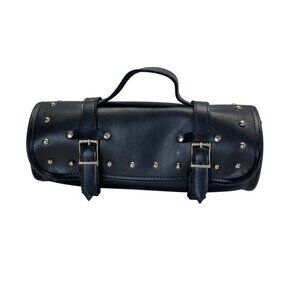 Black Leather Studded Motorcycle Handlebar Tool Bag With Buckle Straps